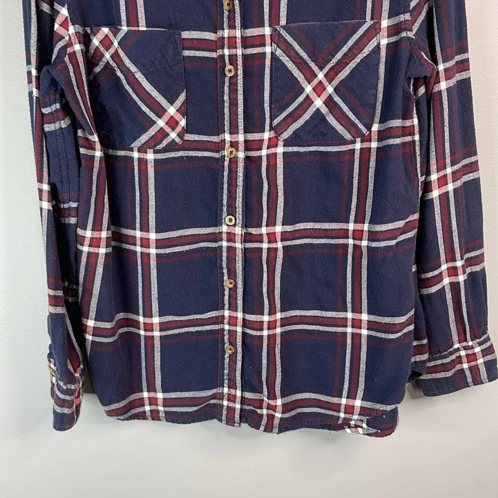 GARAGE Boyfriend Fit Plaid Hooded Flannel Shirt Navy Blue Burgundy White Size M - Picture 7 of 13